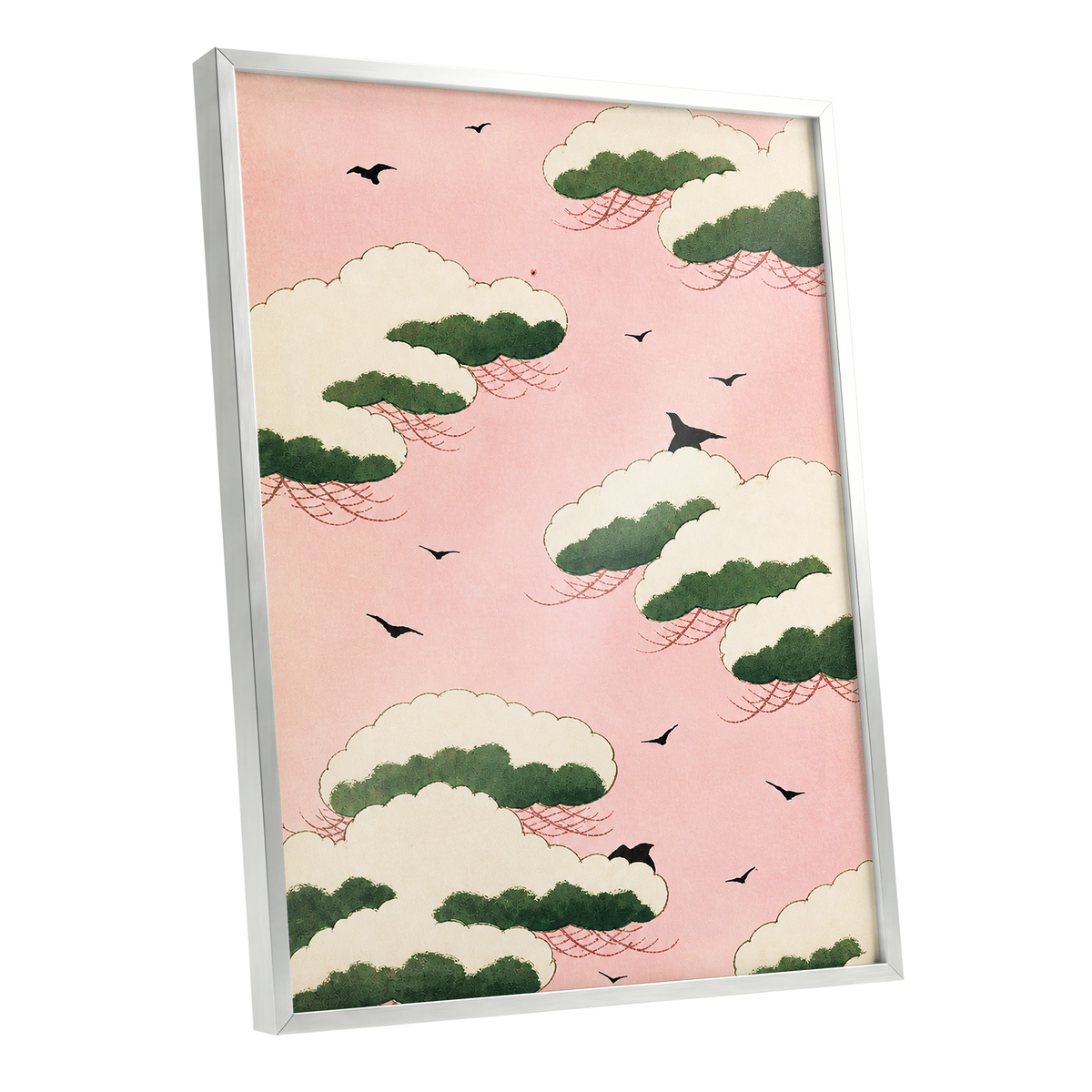 Wings Among Blushing Clouds, pink, green, beige nature wall art shown as a silver framed poster wall art print