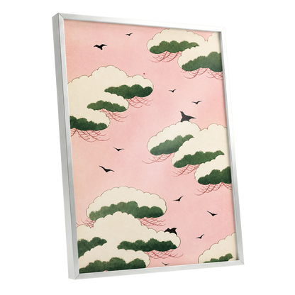 Wings Among Blushing Clouds, pink, green, beige nature wall art shown as a silver framed poster wall art print