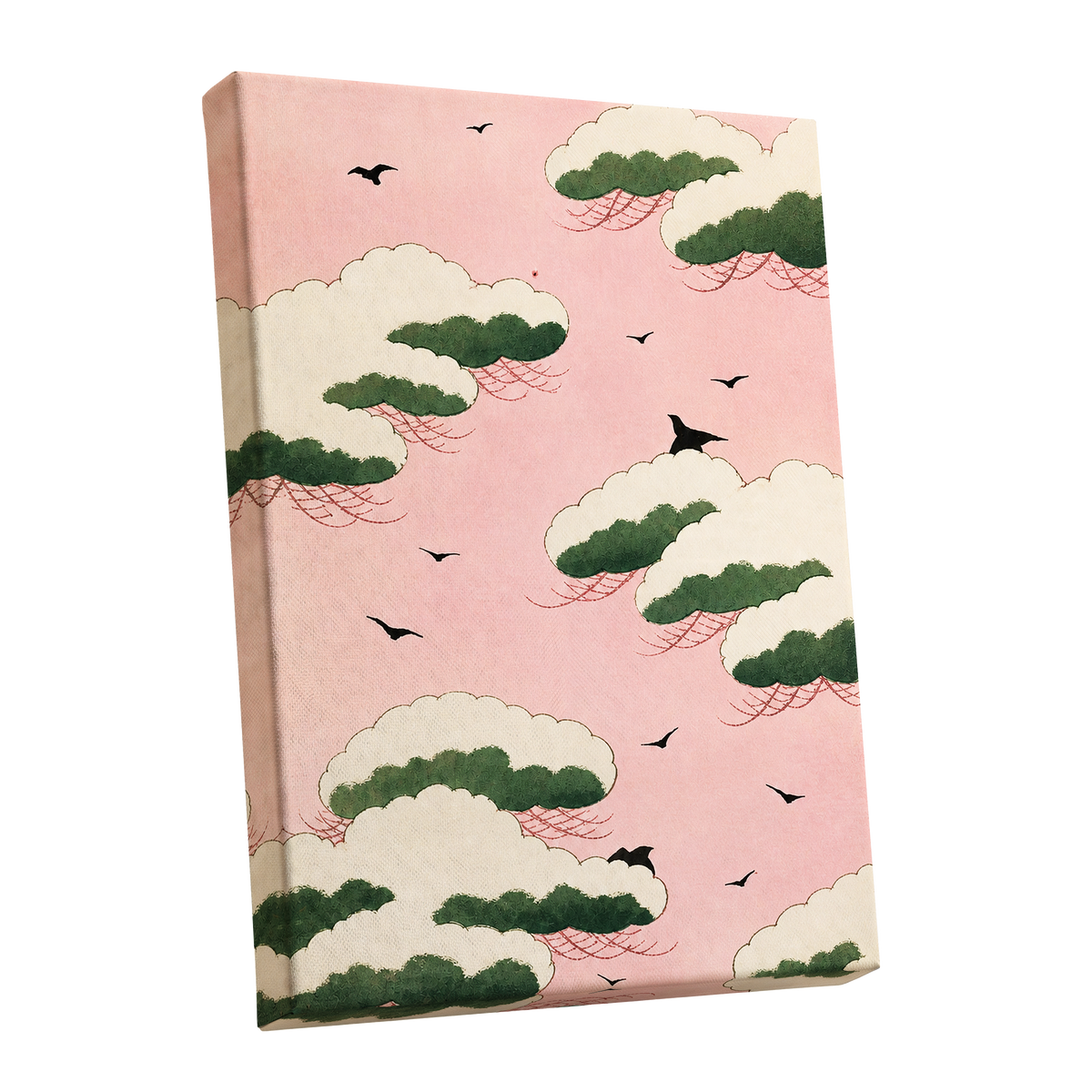 Wings Among Blushing Clouds, pink, green, beige nature wall art shown as a stretched canvas wall art