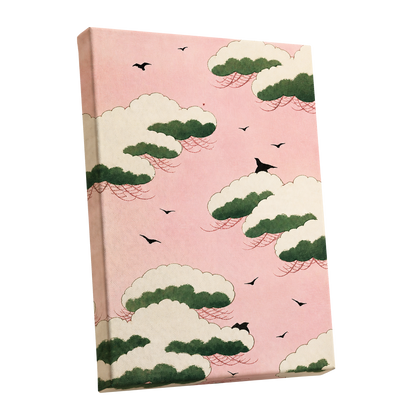 Wings Among Blushing Clouds, pink, green, beige nature wall art shown as a stretched canvas wall art