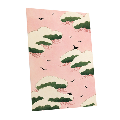 Wings Among Blushing Clouds, pink, green, beige nature wall art shown as a unframed poster wall art print