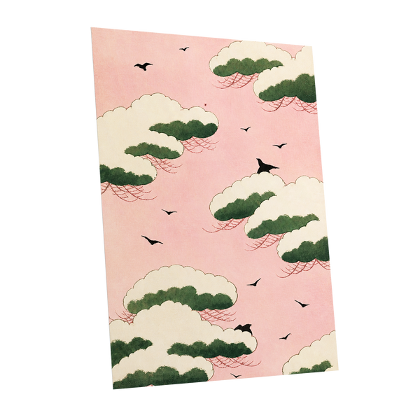 Wings Among Blushing Clouds, pink, green, beige nature wall art shown as a unframed poster wall art print