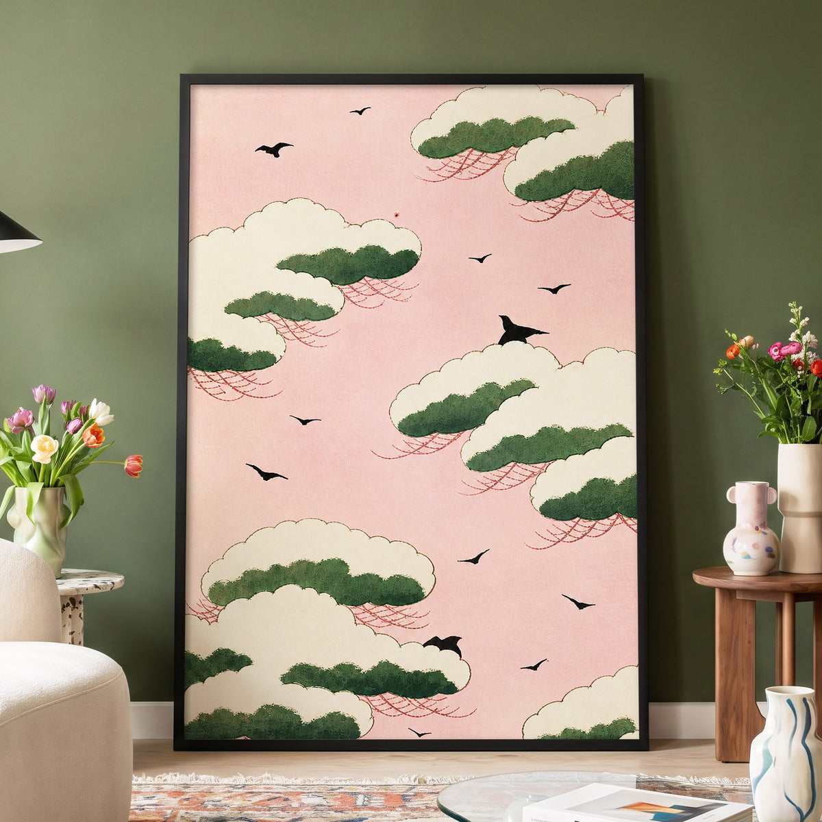 Wings Among Blushing Clouds, pink, green, beige nature wall art displayed in a styled interior, gallery view 2