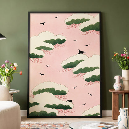 Wings Among Blushing Clouds, pink, green, beige nature wall art displayed in a styled interior, gallery view 2