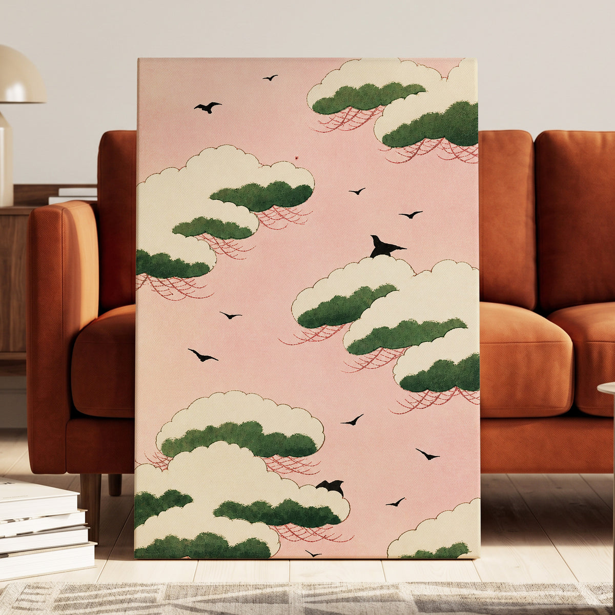 Wings Among Blushing Clouds, pink, green, beige nature wall art displayed in a styled interior, gallery view 3