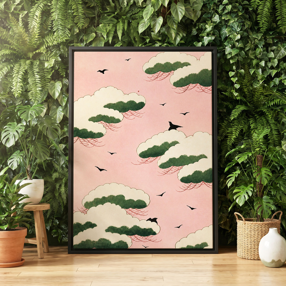 Wings Among Blushing Clouds, pink, green, beige nature wall art displayed in a styled interior, gallery view 4