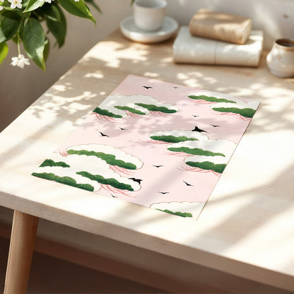 Wings Among Blushing Clouds, pink, green, beige nature wall art displayed in a styled interior, gallery view 5