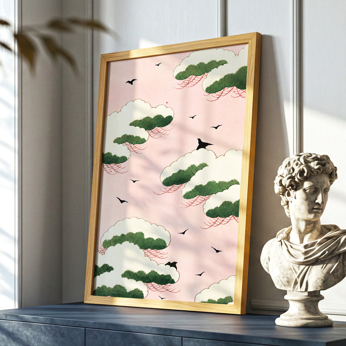 Wings Among Blushing Clouds, pink, green, beige nature wall art displayed in a styled interior, gallery view 6