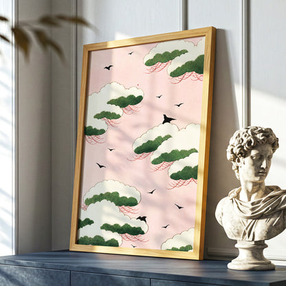 Wings Among Blushing Clouds, pink, green, beige nature wall art displayed in a styled interior, gallery view 6