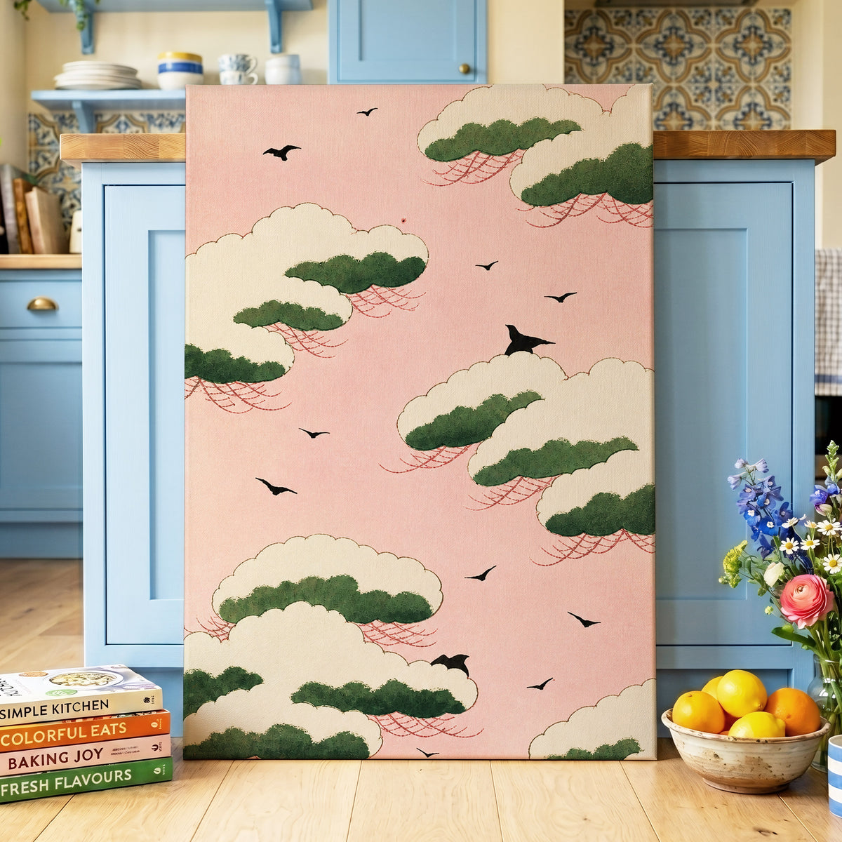 Wings Among Blushing Clouds, pink, green, beige nature wall art displayed in a styled interior, gallery view 7