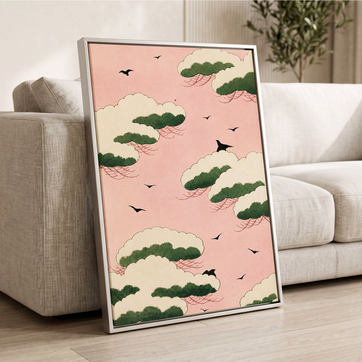 Wings Among Blushing Clouds, pink, green, beige nature wall art displayed in a styled interior, gallery view 8