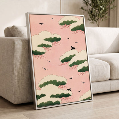 Wings Among Blushing Clouds, pink, green, beige nature wall art displayed in a styled interior, gallery view 8