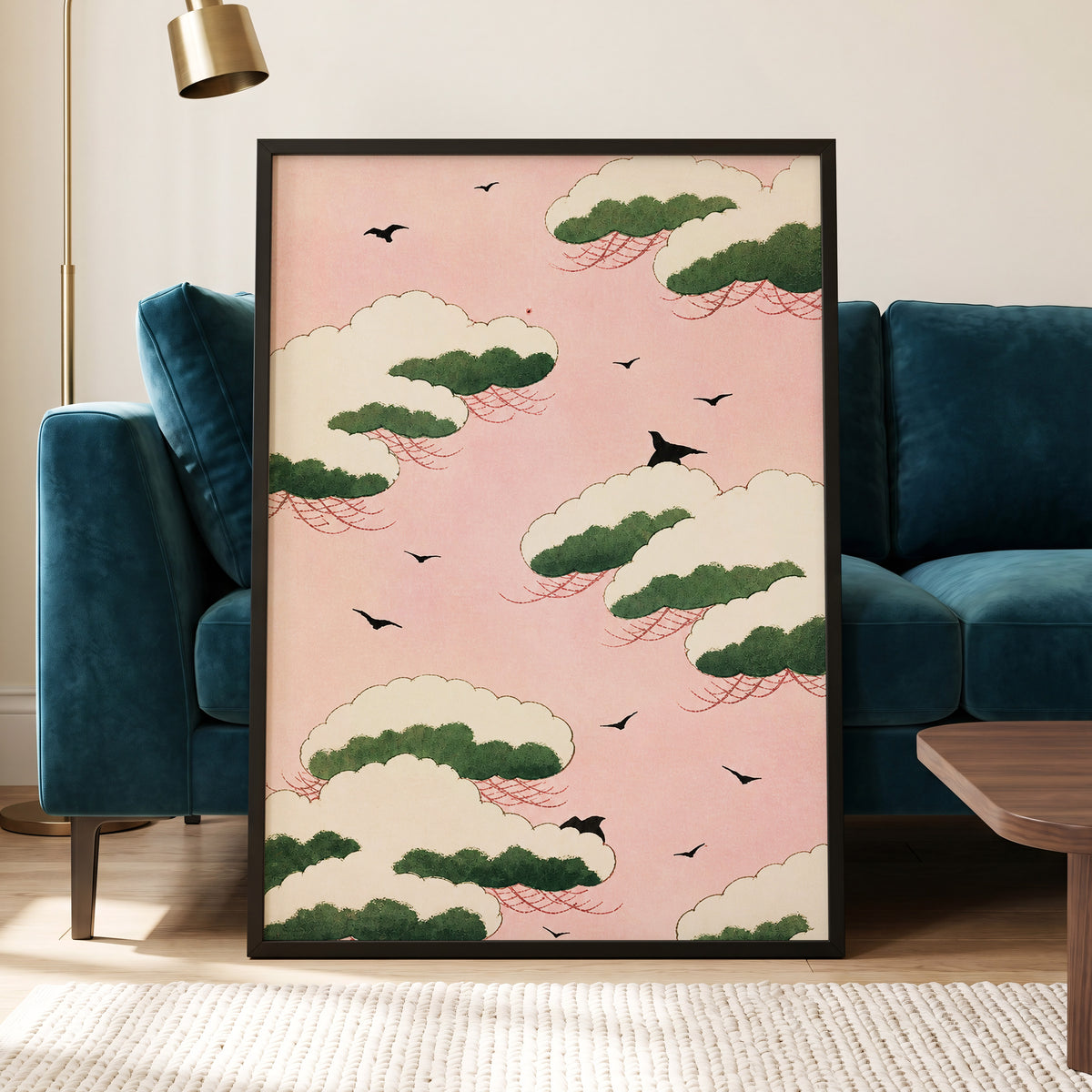 Wings Among Blushing Clouds, pink, green, beige nature wall art displayed in a styled interior, gallery view 9