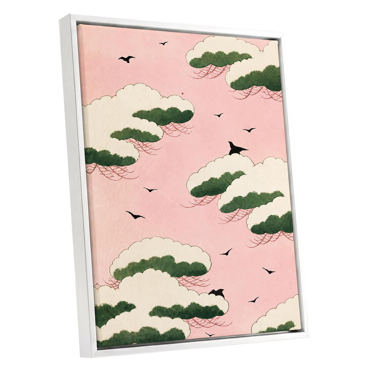 Wings Among Blushing Clouds, pink, green, beige nature wall art shown as a white framed canvas wall art