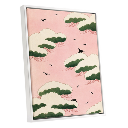 Wings Among Blushing Clouds, pink, green, beige nature wall art shown as a white framed canvas wall art