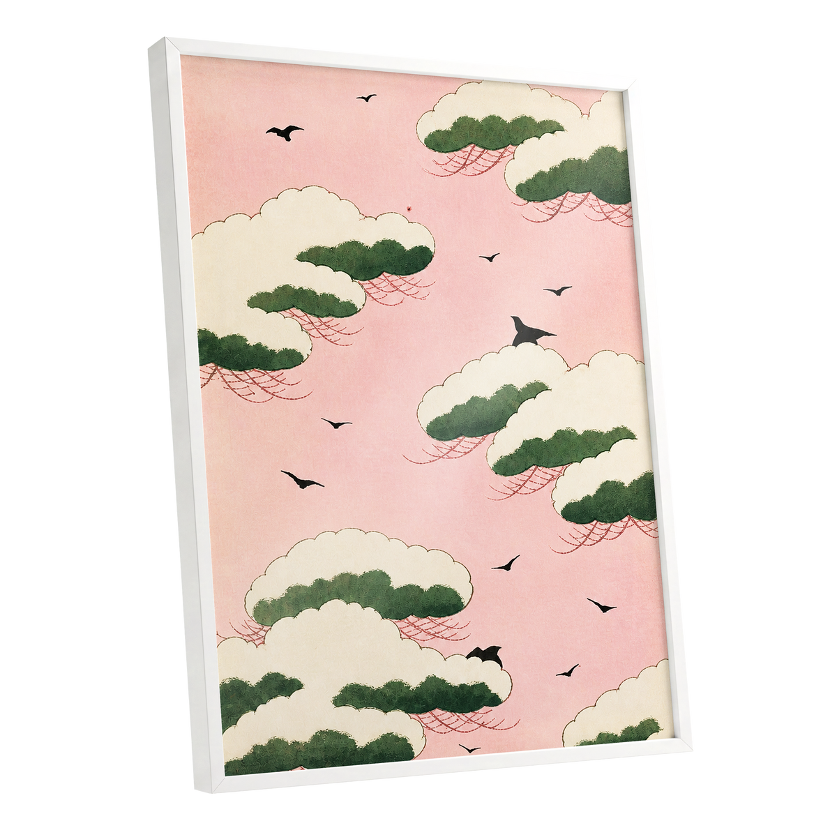 Wings Among Blushing Clouds, pink, green, beige nature wall art shown as a white framed poster wall art print