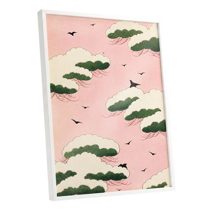Wings Among Blushing Clouds, pink, green, beige nature wall art shown as a white framed poster wall art print