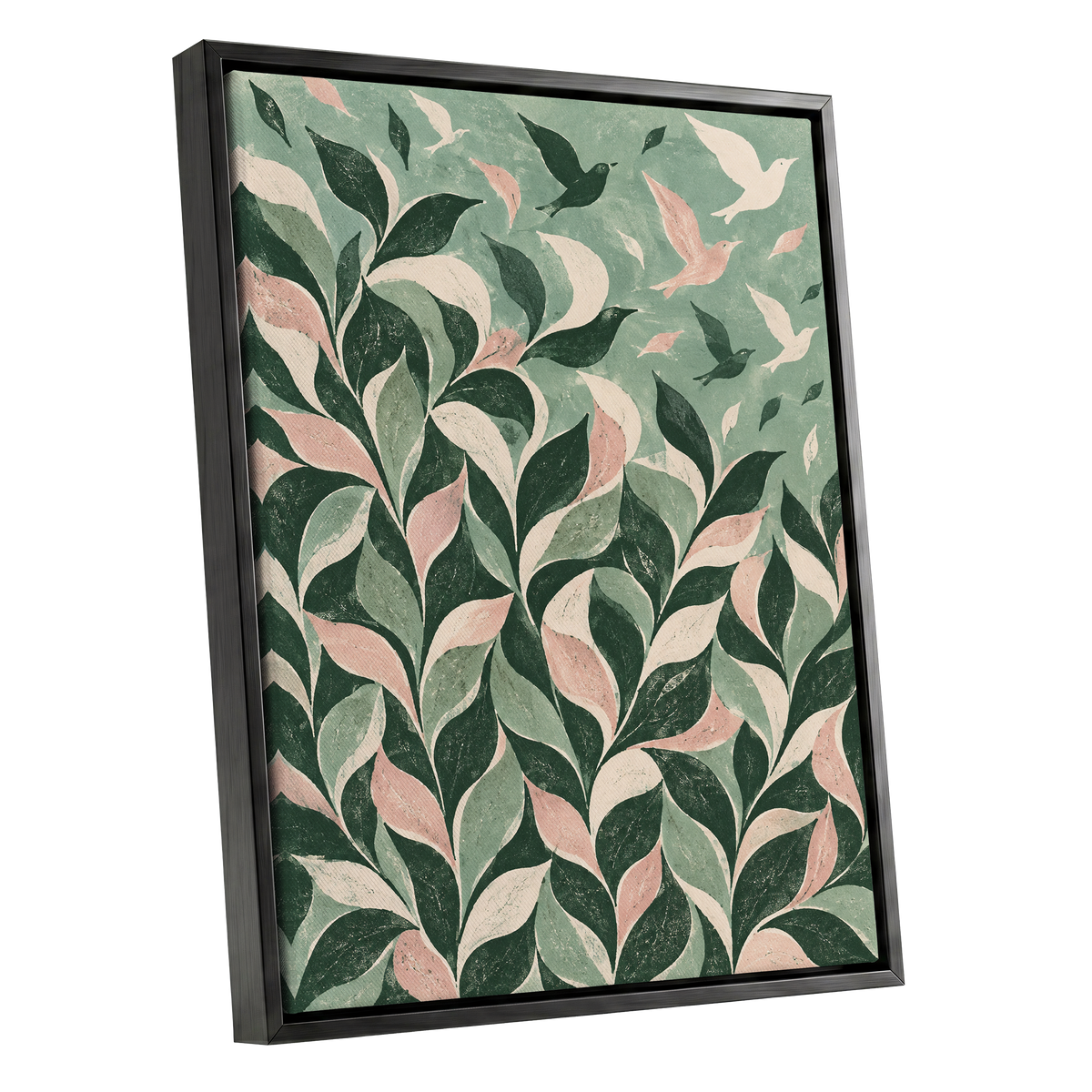 Wings Among the Leaves, green, pink, beige nature wall art shown as a black framed canvas wall art