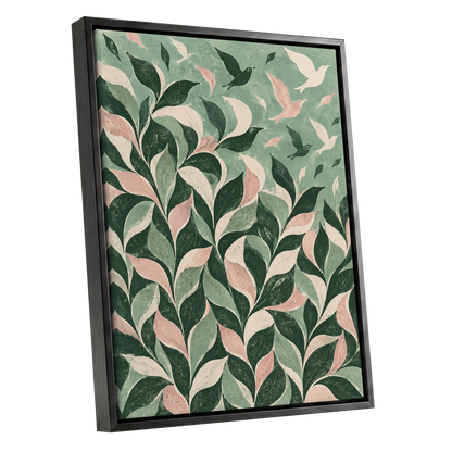 Wings Among the Leaves, green, pink, beige nature wall art shown as a black framed canvas wall art