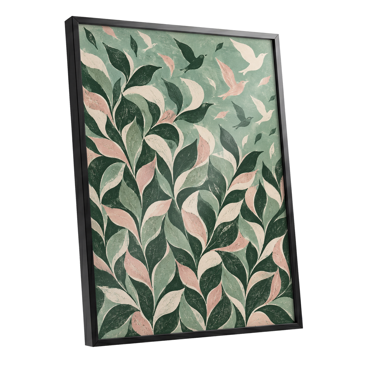 Wings Among the Leaves, green, pink, beige nature wall art shown as a black framed poster wall art print
