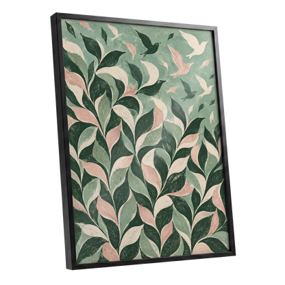 Wings Among the Leaves, green, pink, beige nature wall art shown as a black framed poster wall art print