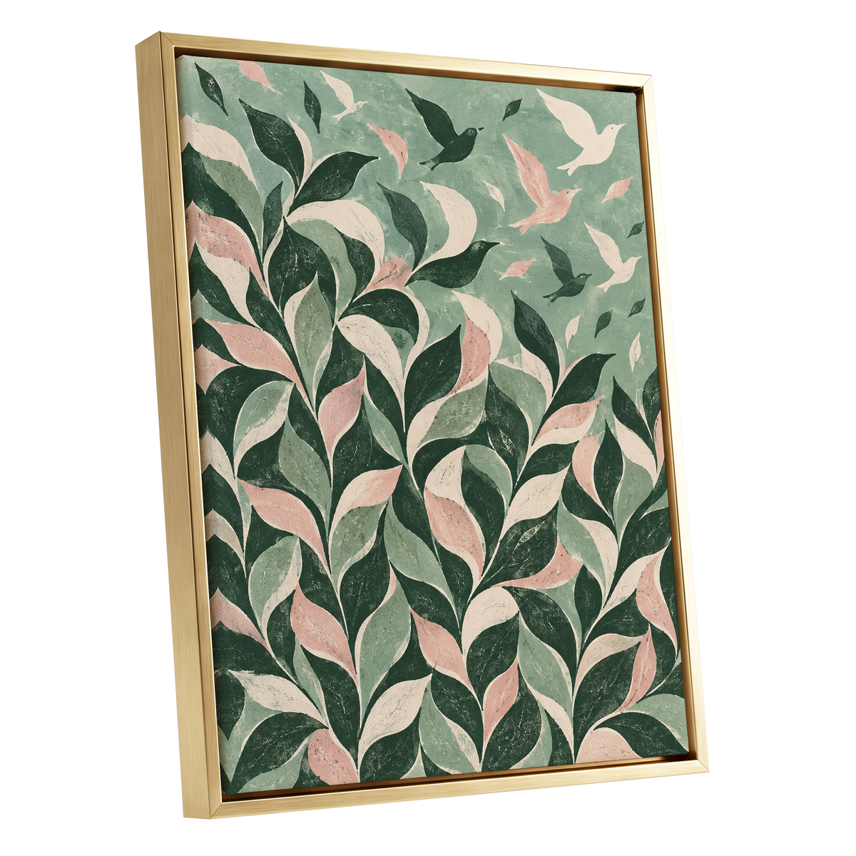 Wings Among the Leaves, green, pink, beige nature wall art shown as a gold framed canvas wall art