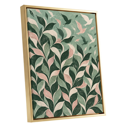 Wings Among the Leaves, green, pink, beige nature wall art shown as a gold framed canvas wall art