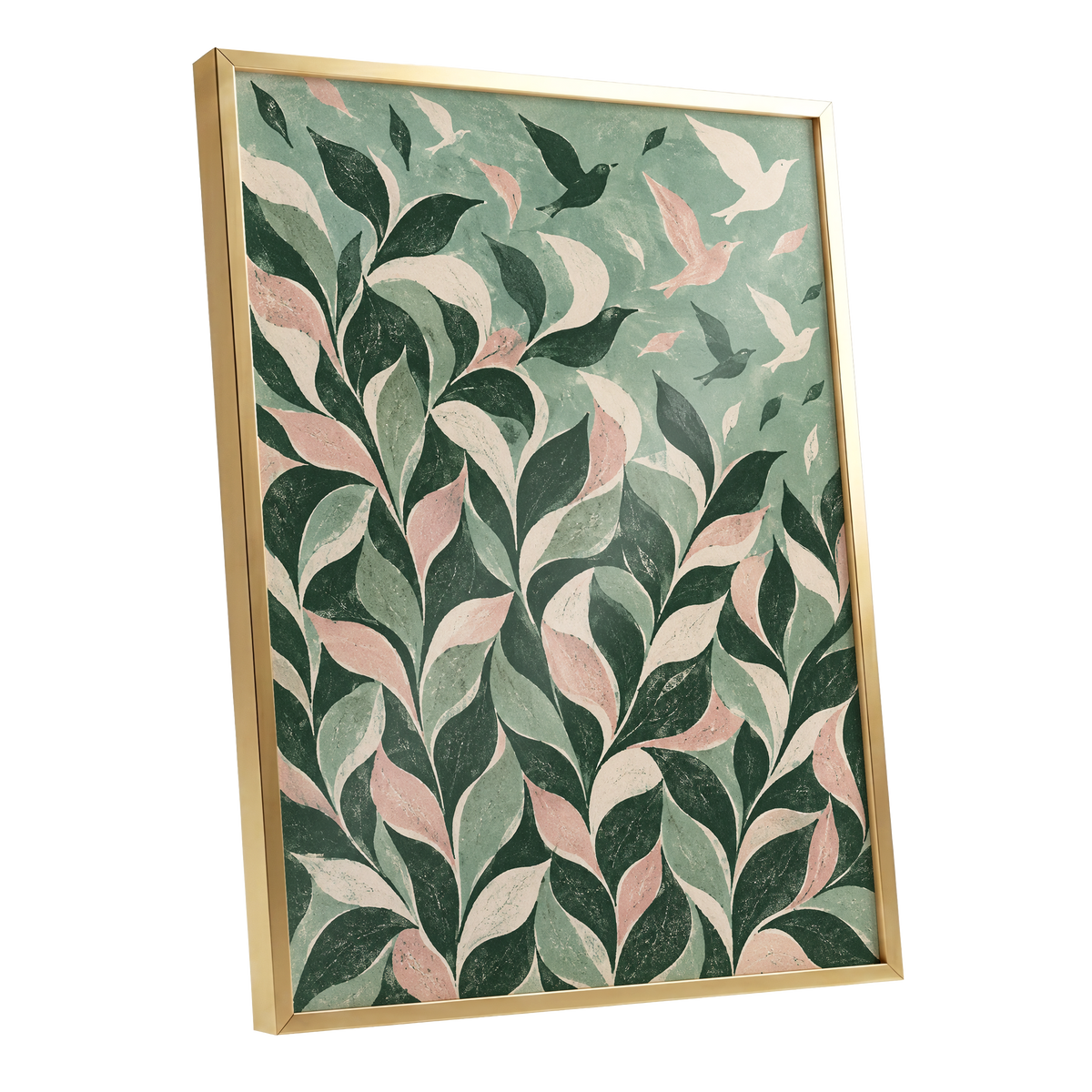 Wings Among the Leaves, green, pink, beige nature wall art shown as a gold framed poster wall art print