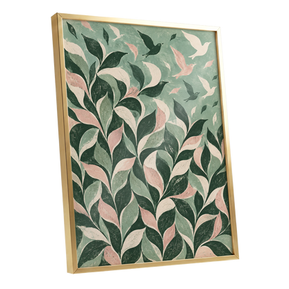 Wings Among the Leaves, green, pink, beige nature wall art shown as a gold framed poster wall art print