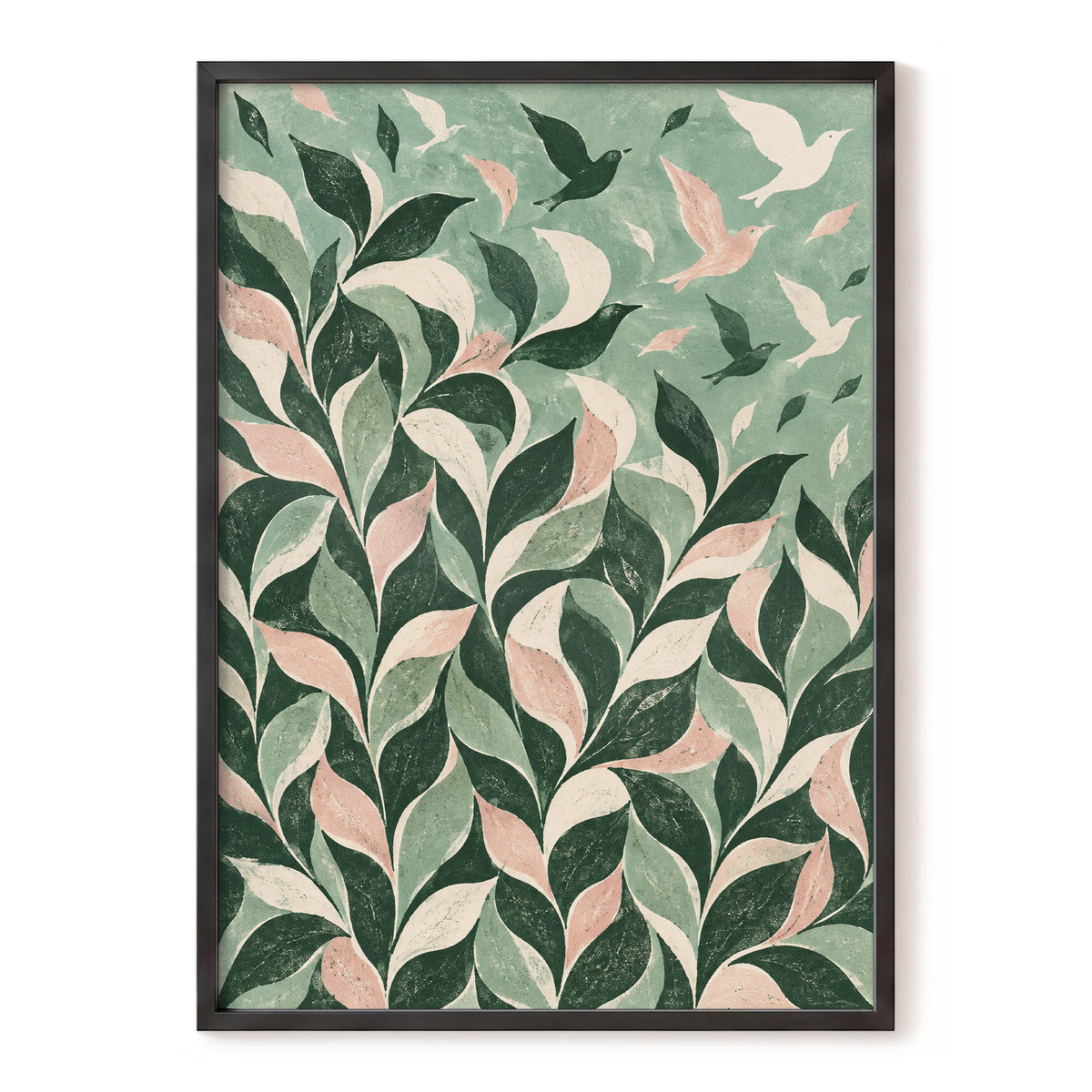 Wings Among the Leaves, green, pink, beige nature wall art, front artwork view