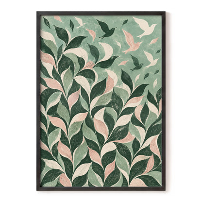 Wings Among the Leaves, green, pink, beige nature wall art, front artwork view
