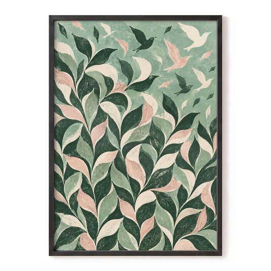 Wings Among the Leaves, green, pink, beige nature wall art, front artwork view