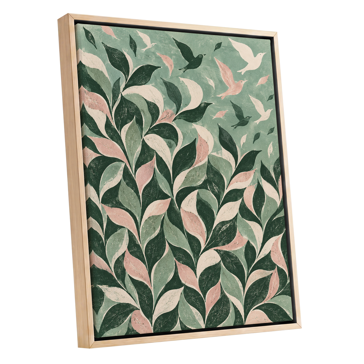 Wings Among the Leaves, green, pink, beige nature wall art shown as a oak framed canvas wall art