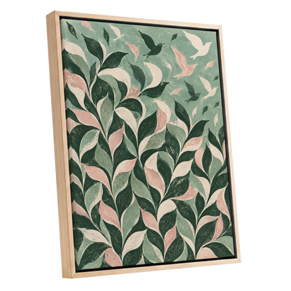 Wings Among the Leaves, green, pink, beige nature wall art shown as a oak framed canvas wall art