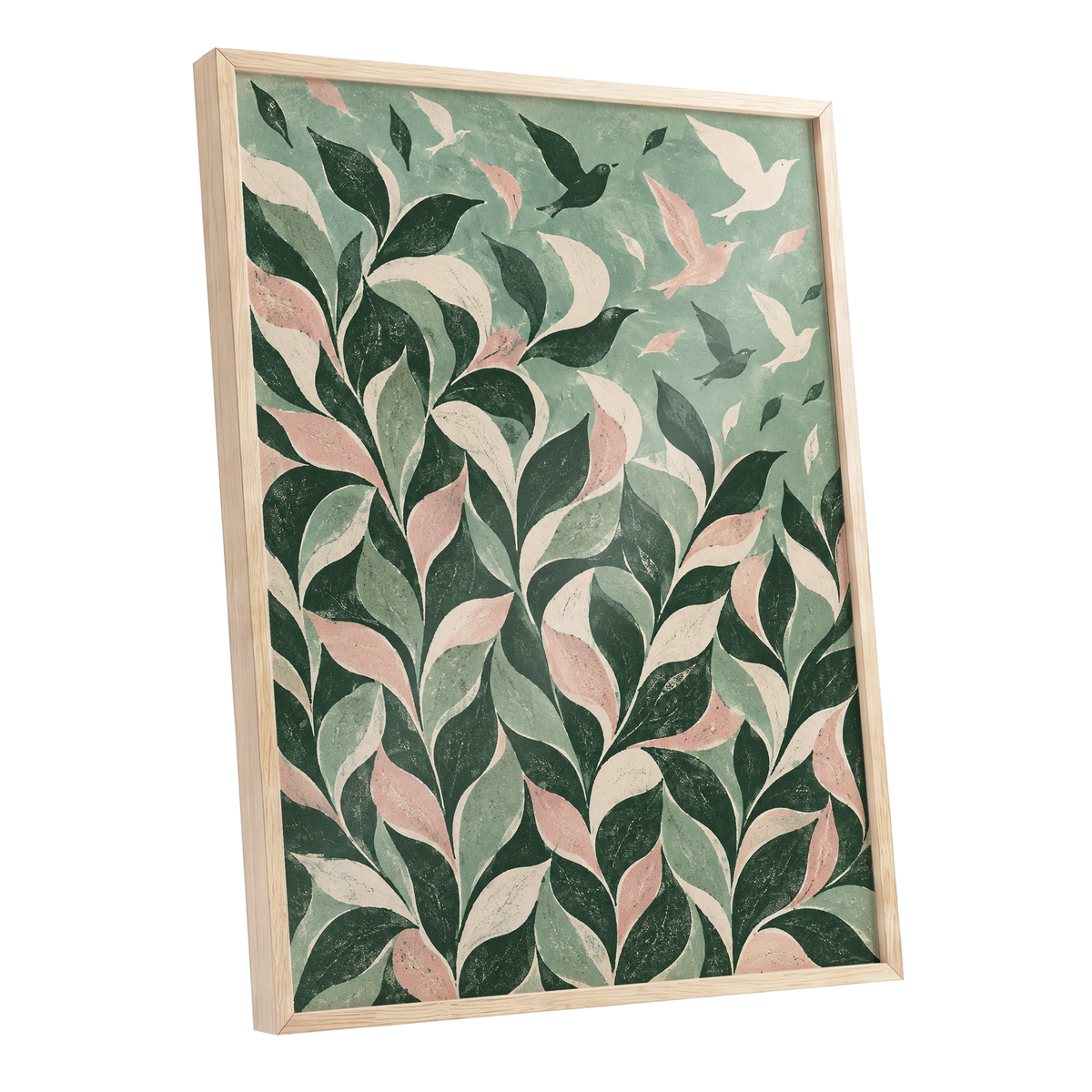 Wings Among the Leaves, green, pink, beige nature wall art shown as a oak framed poster wall art print