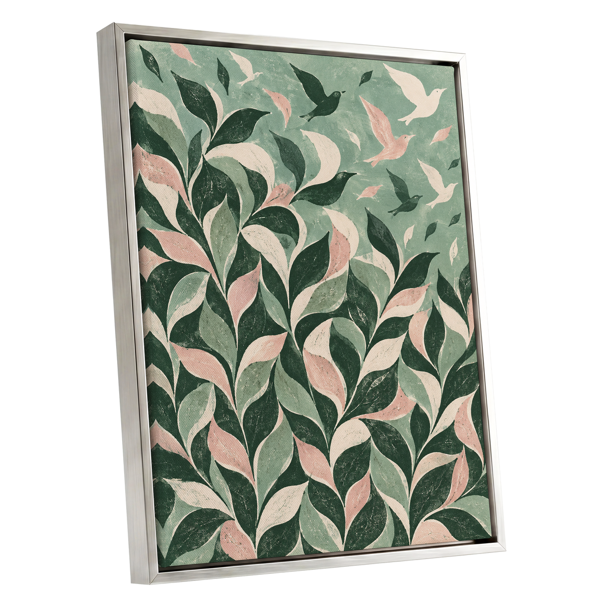 Wings Among the Leaves, green, pink, beige nature wall art shown as a silver framed canvas wall art