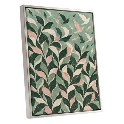 Wings Among the Leaves, green, pink, beige nature wall art shown as a silver framed canvas wall art