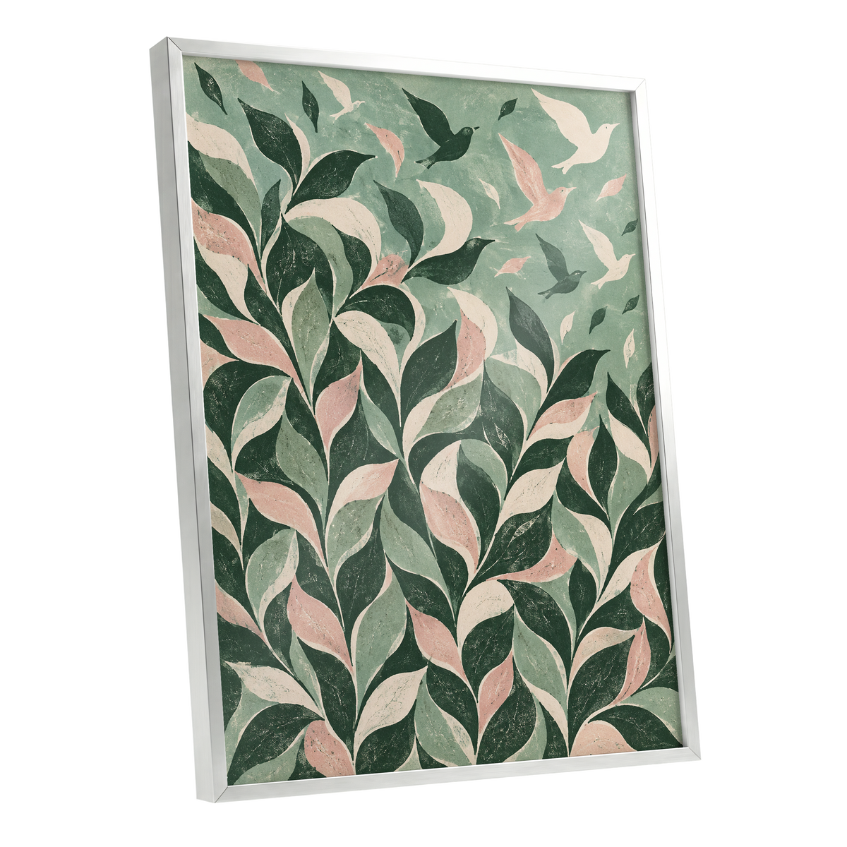 Wings Among the Leaves, green, pink, beige nature wall art shown as a silver framed poster wall art print