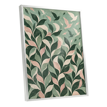Wings Among the Leaves, green, pink, beige nature wall art shown as a silver framed poster wall art print