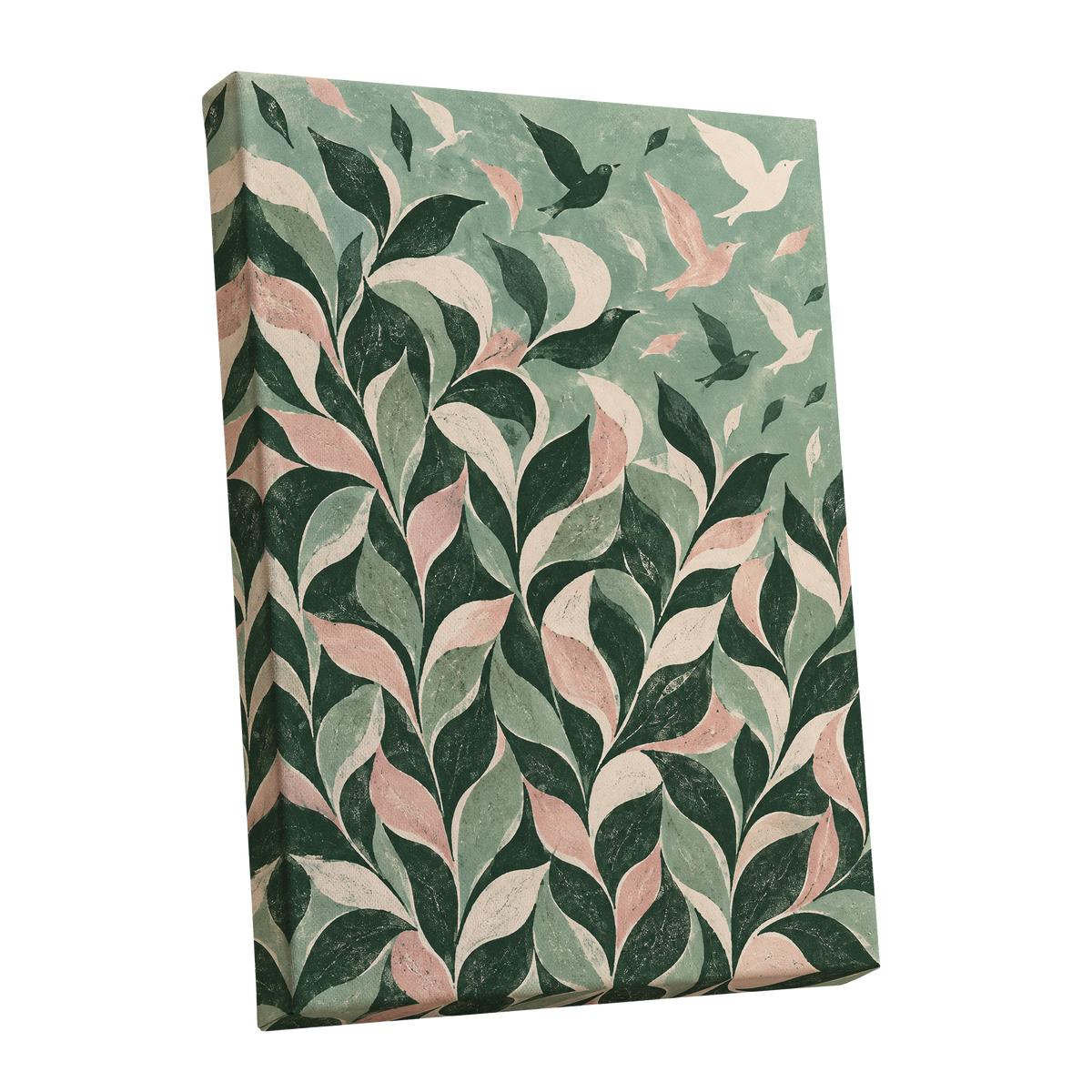Wings Among the Leaves, green, pink, beige nature wall art shown as a stretched canvas wall art