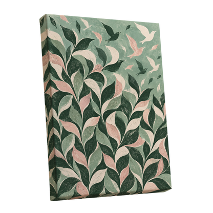 Wings Among the Leaves, green, pink, beige nature wall art shown as a stretched canvas wall art