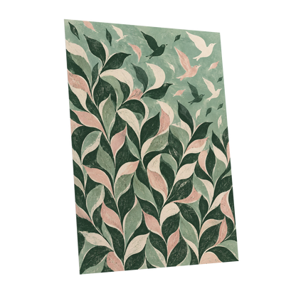 Wings Among the Leaves, green, pink, beige nature wall art shown as a unframed poster wall art print