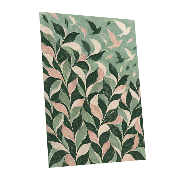 Wings Among the Leaves, green, pink, beige nature wall art shown as a unframed poster wall art print