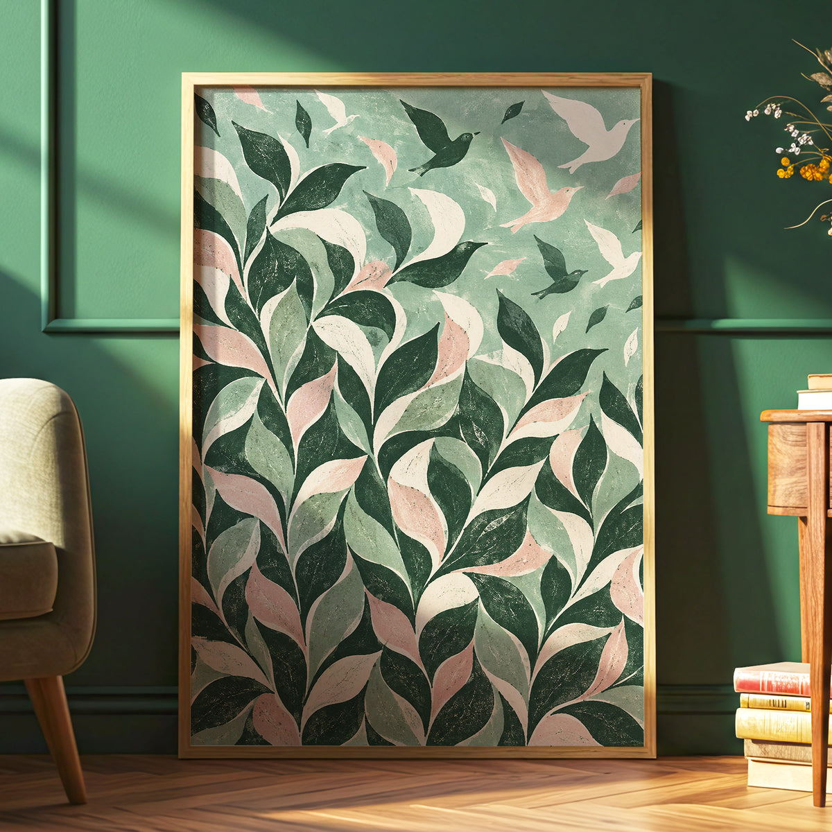 Wings Among the Leaves, green, pink, beige nature wall art displayed in a styled interior, gallery view 2