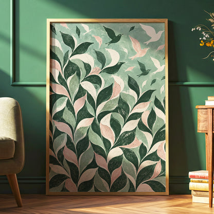 Wings Among the Leaves, green, pink, beige nature wall art displayed in a styled interior, gallery view 2