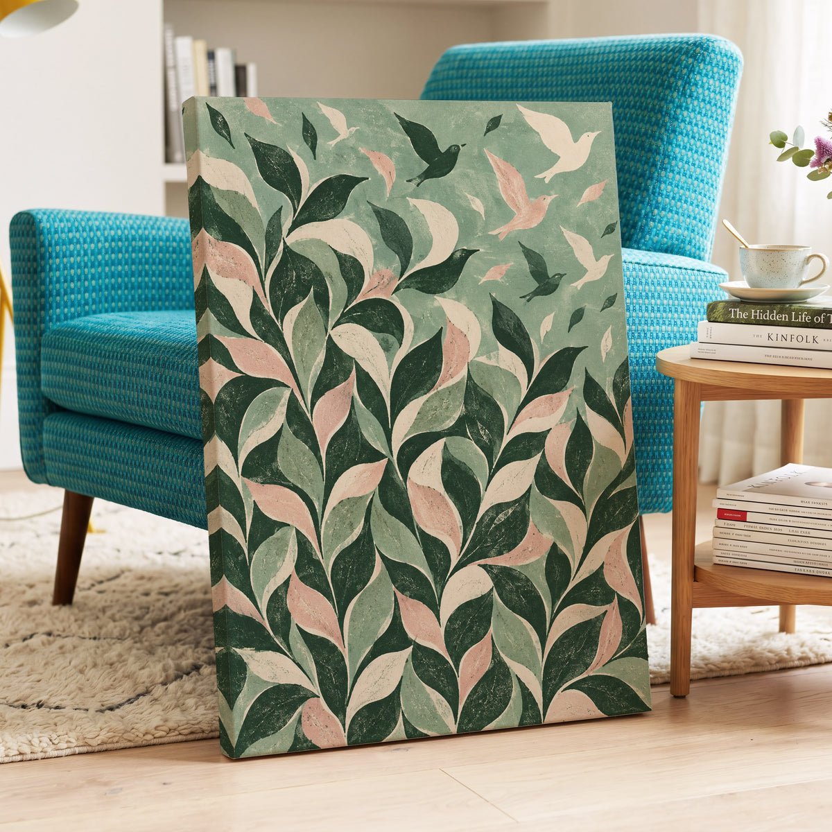 Wings Among the Leaves, green, pink, beige nature wall art displayed in a styled interior, gallery view 3
