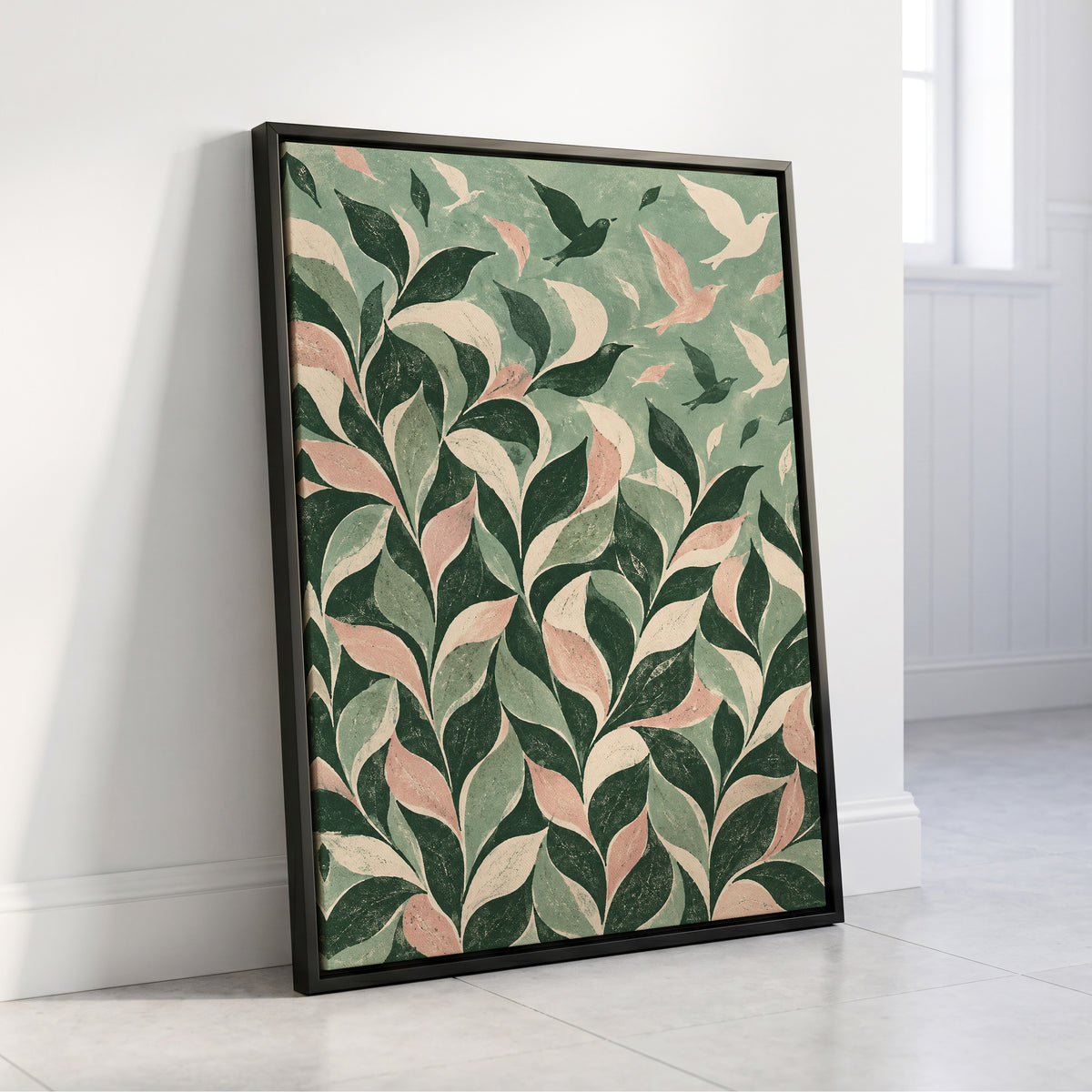 Wings Among the Leaves, green, pink, beige nature wall art displayed in a styled interior, gallery view 4