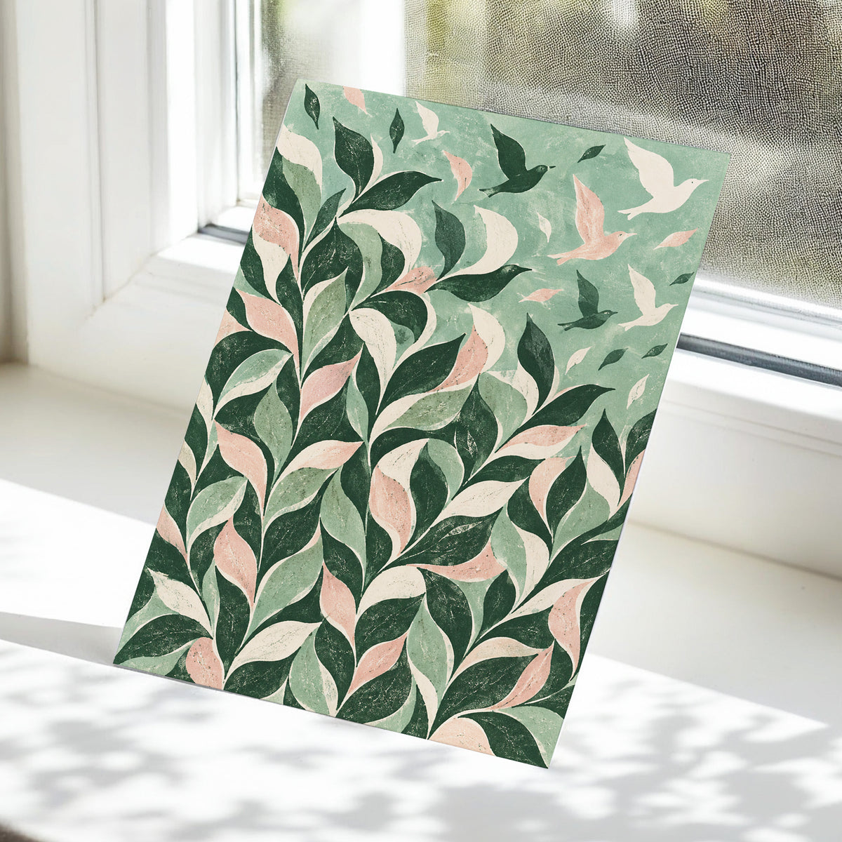 Wings Among the Leaves, green, pink, beige nature wall art displayed in a styled interior, gallery view 5