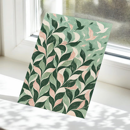 Wings Among the Leaves, green, pink, beige nature wall art displayed in a styled interior, gallery view 5