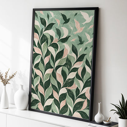 Wings Among the Leaves, green, pink, beige nature wall art displayed in a styled interior, gallery view 6